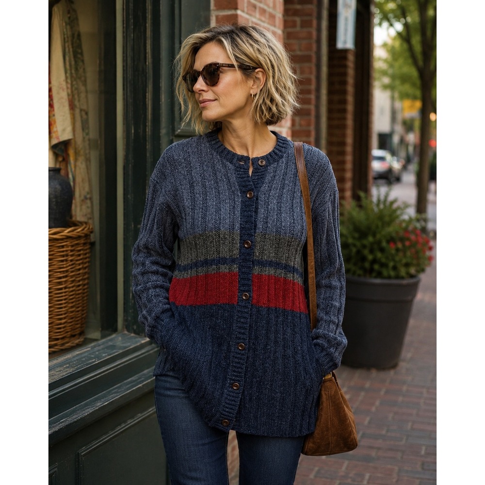 Mac & Jac Wool Rib Knit Longline Cardigan Sweater Blue Red Button Front  S